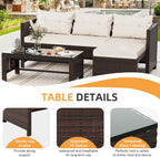 3-Piece Wicker Rattan Patio Seating Set With Glass Coffee Table And Beige Cushions