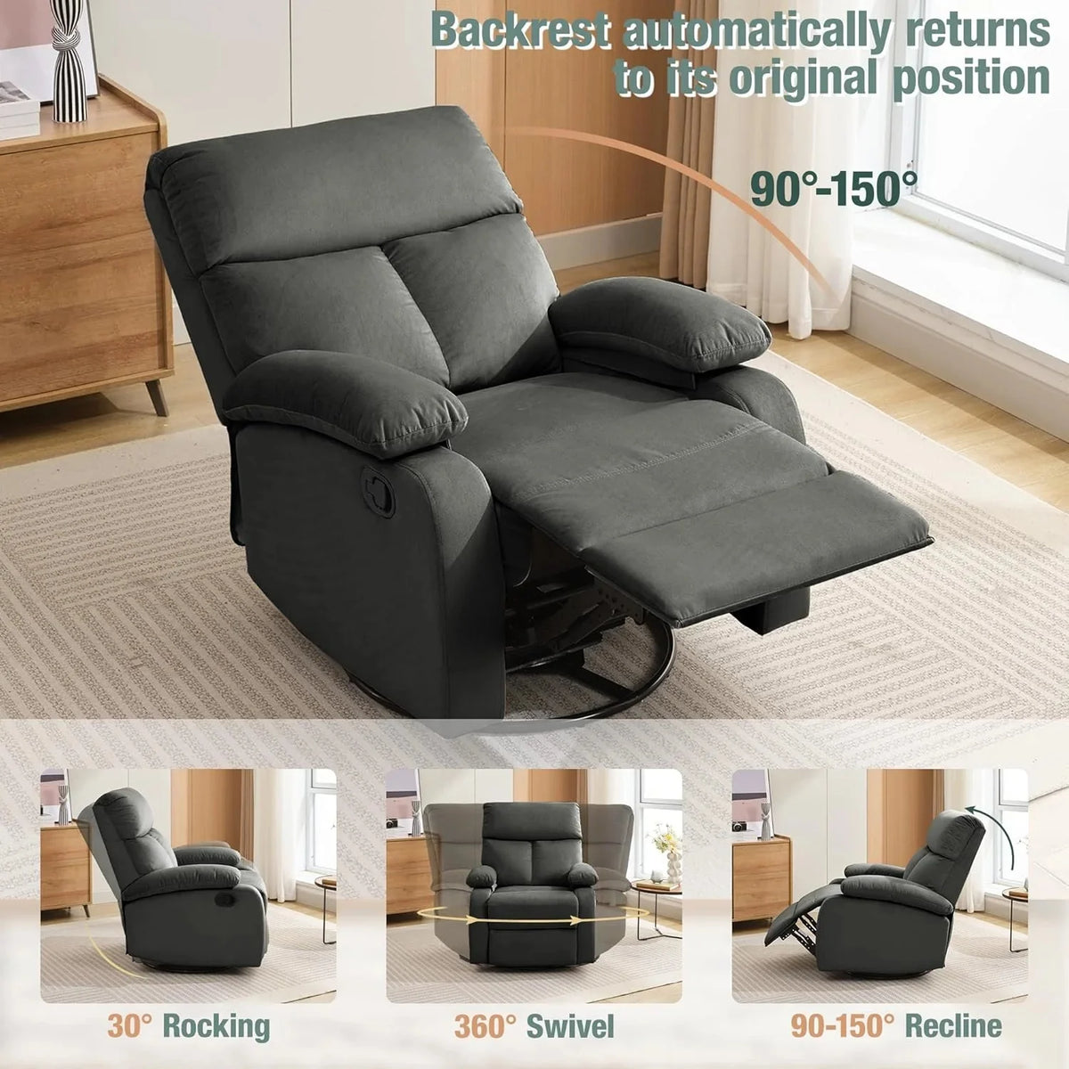 Swivel Rocker Recliner Chair For Compact Spaces - 32in D x 30.2in W x 38.9in H