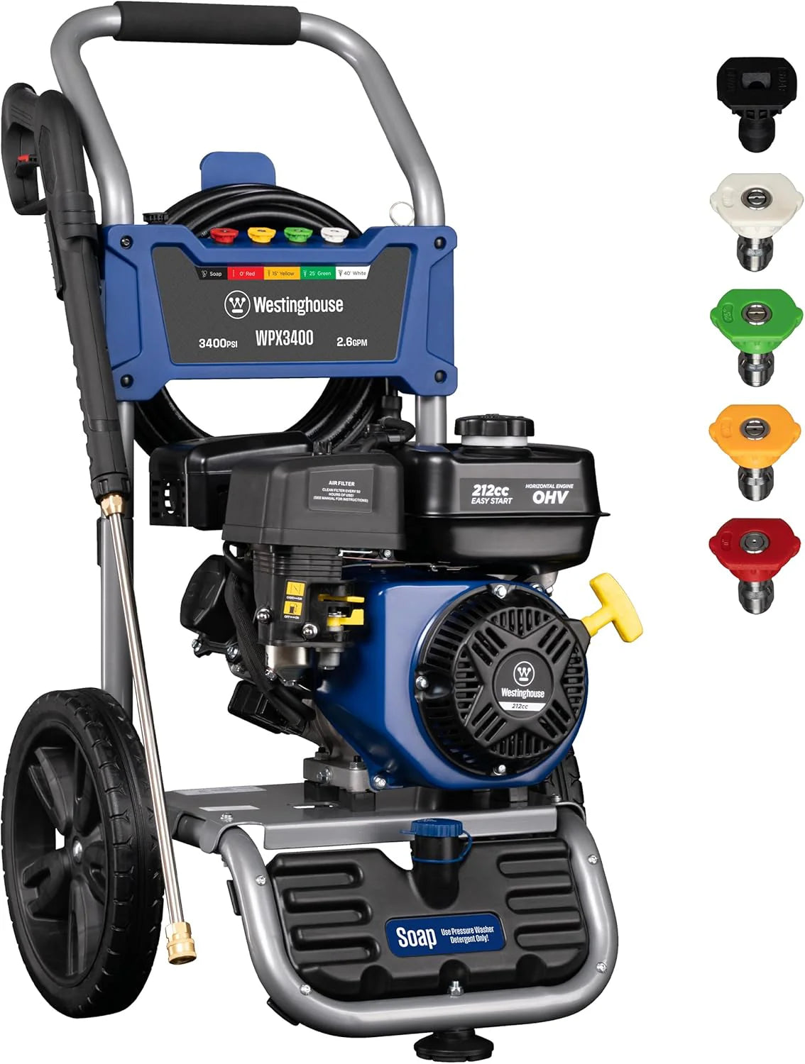Westinghouse Gas Pressure Washer 3400 PSI, 2.6 Max GPM, 25 Feet Hose, 5 Nozzle Set - WPX3400
