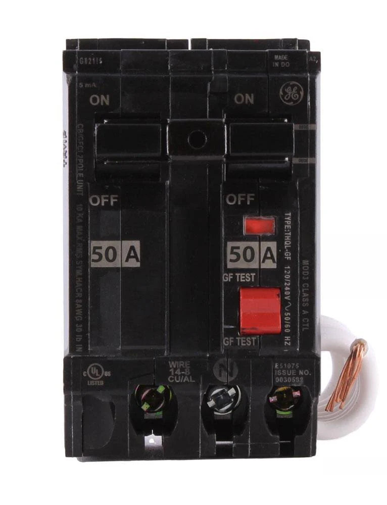 GE Distribution Q-Line Ground Fault Circuit Breaker, 2-Pole, 50 Amps, 120/240 VAC - THQL2150GF1
