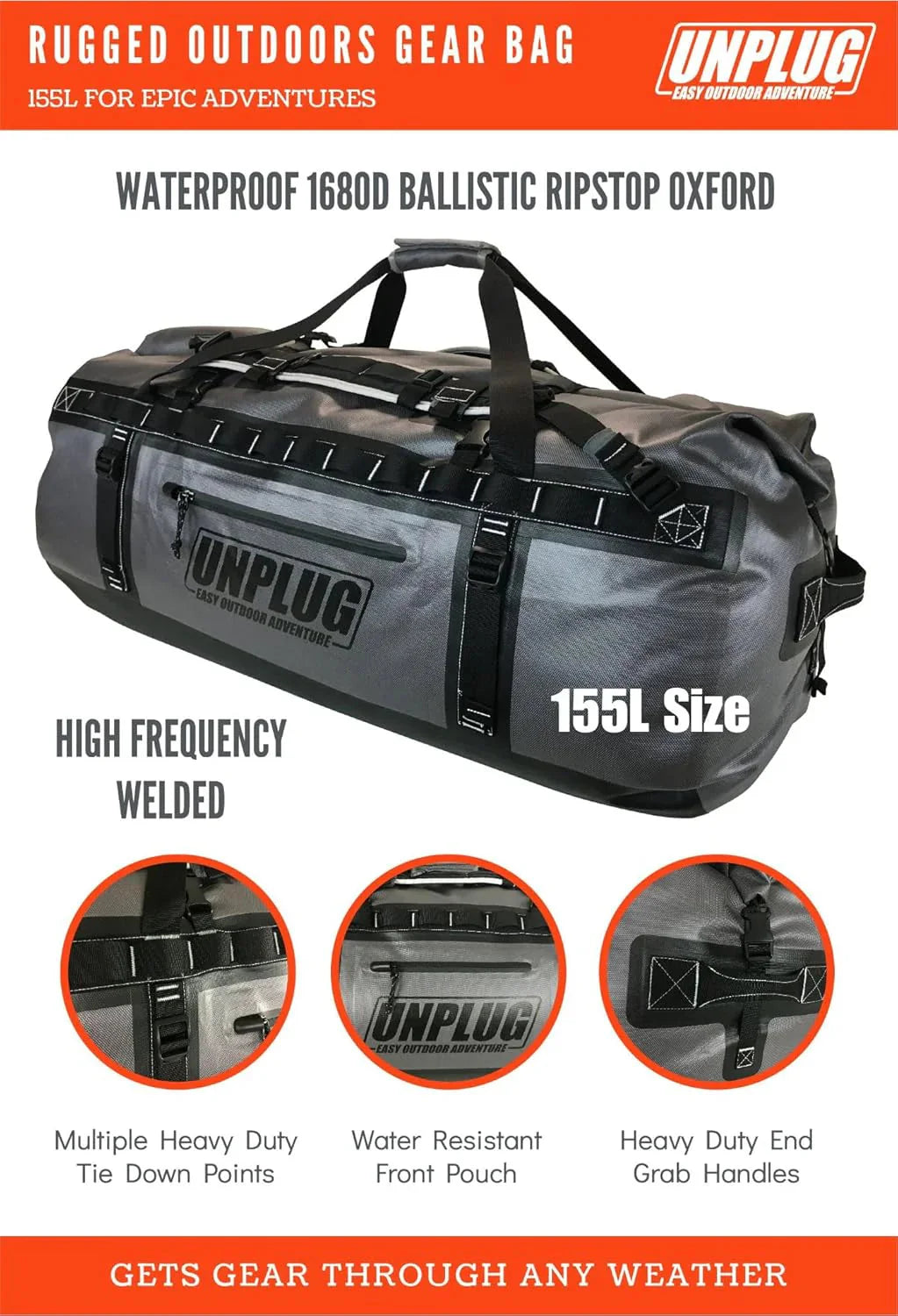 UNPLUG Waterproof Duffel Backpack, 65L, Adventure Orange - 100000