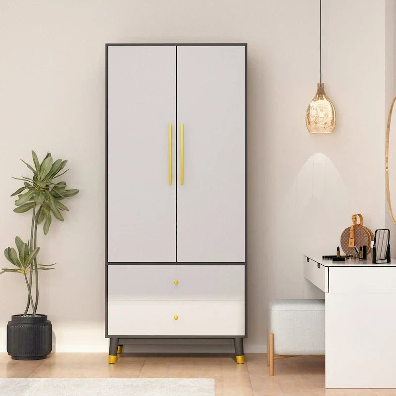 2-Door Wardrobe Closet Armoire With 2 Drawers And Clothes Rail - 70.9H x 31.5W x 19.1D