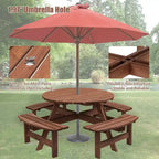 8-Person Fir Wood Round Picnic Dining Set With 4 Built-In Benches, 43.3-In Tabletop And Umbrella Hole