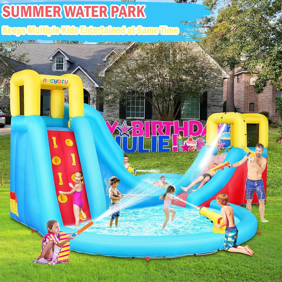 AKEYDIY Inflatable Water Park With Slide, Splash Pool And 450W Blower - AMM005144