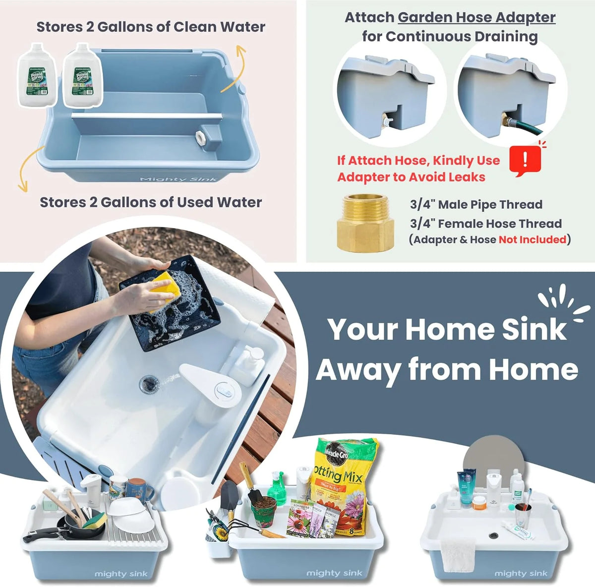 Mighty Sink Portable Sink Wash Station, 2 Gallons, White & Nautical Fog