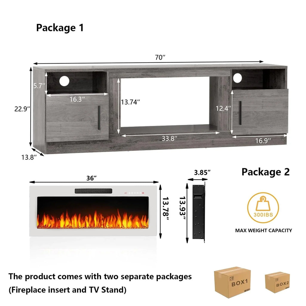 Bossin 70 Fireplace TV Stand With 36 Electric Fireplace For TVs Up To 80 - 16-Color LED Lights