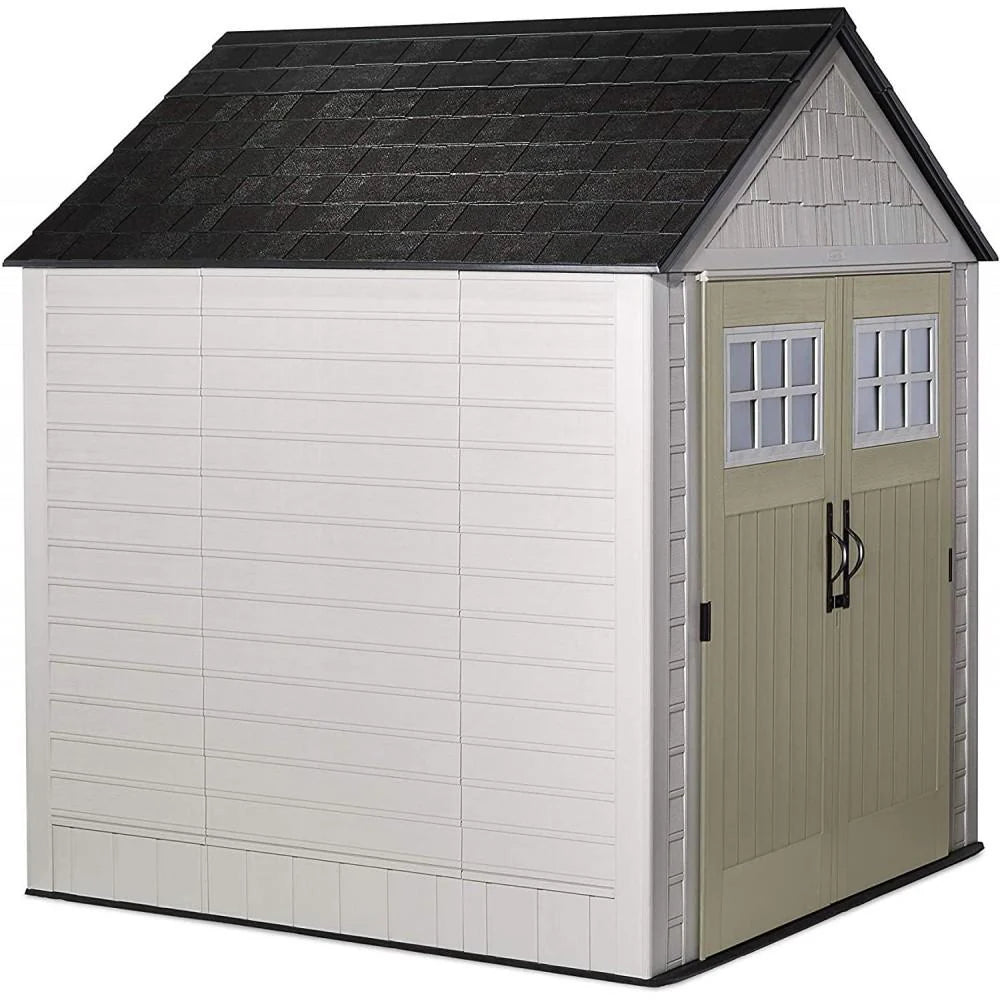 7x7 Ft Resin Outdoor Garden Storage Shed With Windows And Utility Hooks, Sand