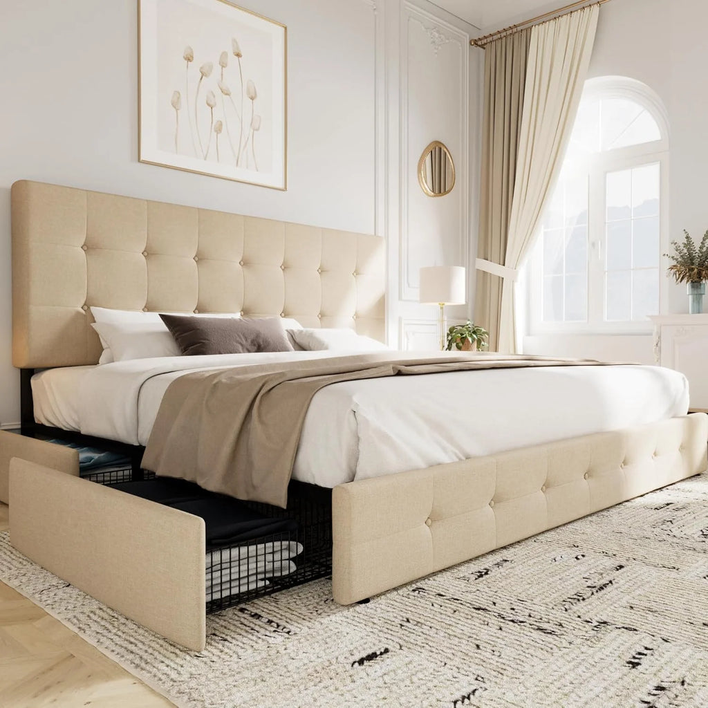 Queen Upholstered Linen Platform Bed Frame With 4 Storage Drawers, Light Grey - 83in L x 62.2in W x 42in H