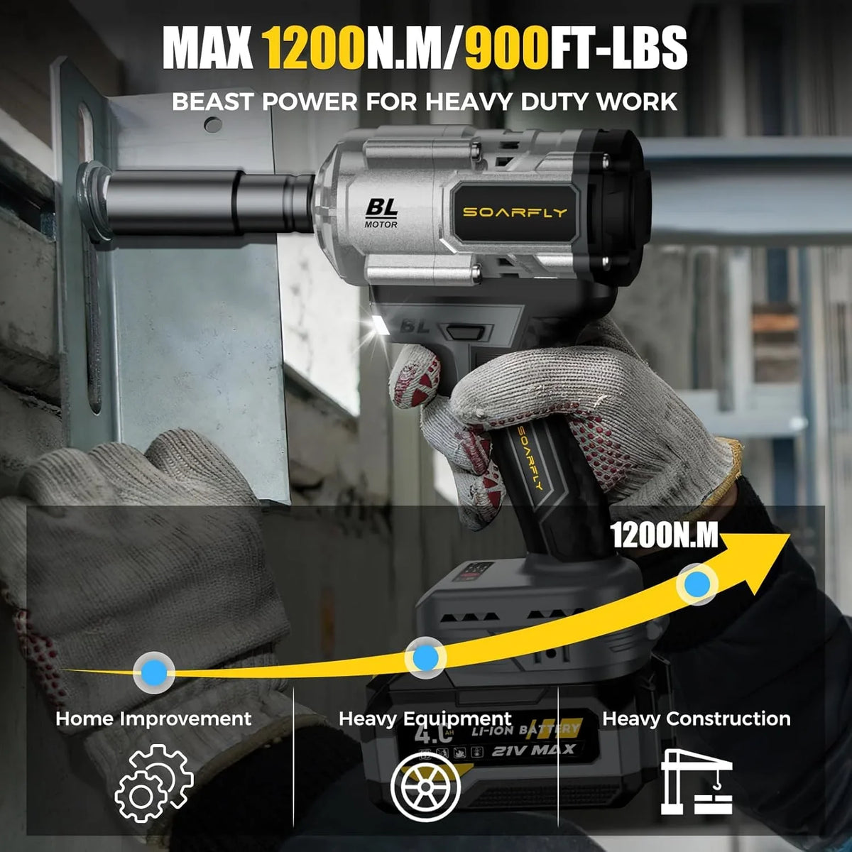 Cordless 1/2 Inch Impact Wrench, 1200Nm, 21V Brushless With 2 4.0Ah Batteries And 5 Sockets
