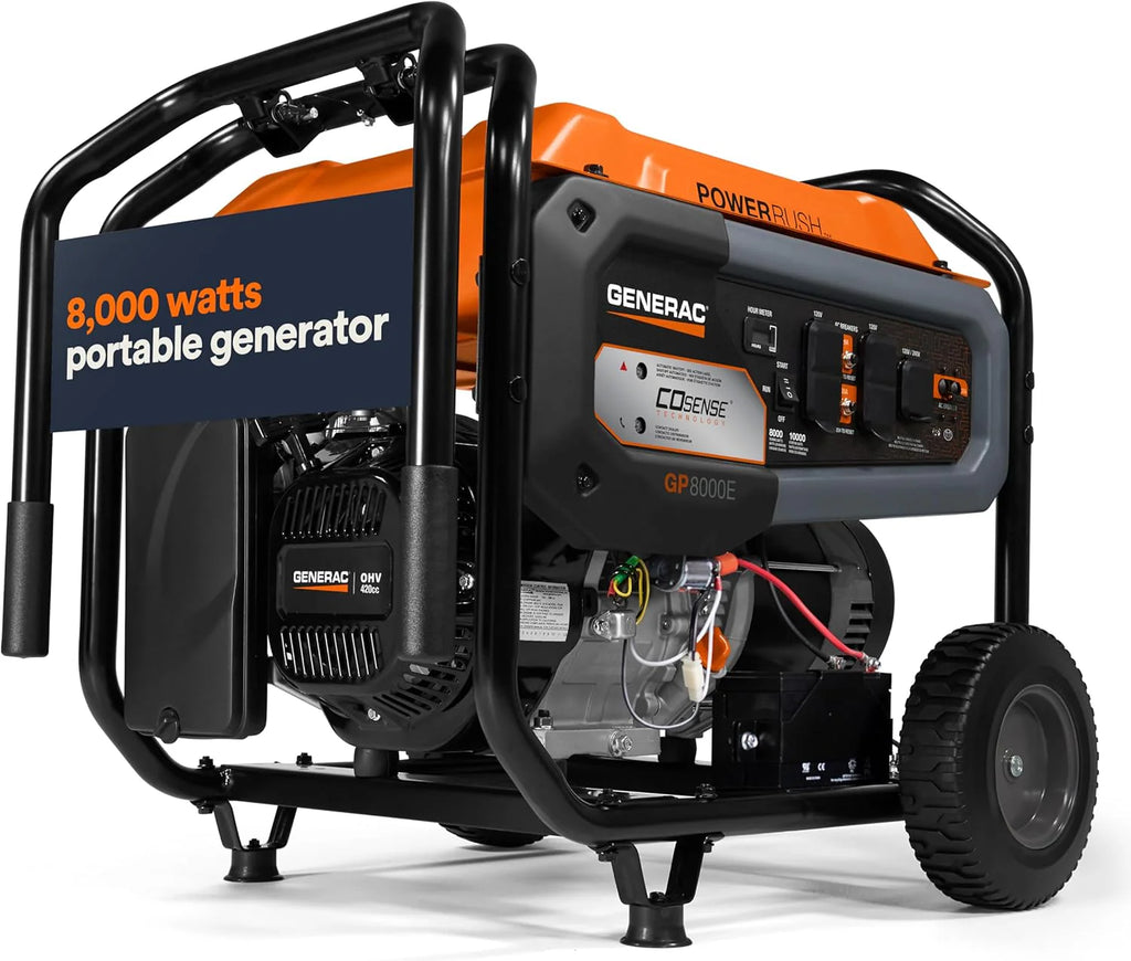 Generac Gas-Powered Portable Generator, 8,000 Watts, Electric Start, Orange/Black - 7715