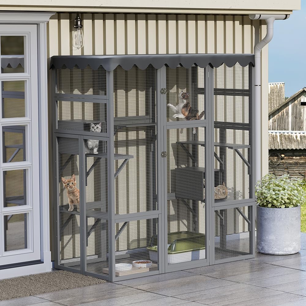 Wooden Outdoor Cat House With 7 Platforms, 2 Rest Boxes And Rainproof Roof - White 62.6-inch Model