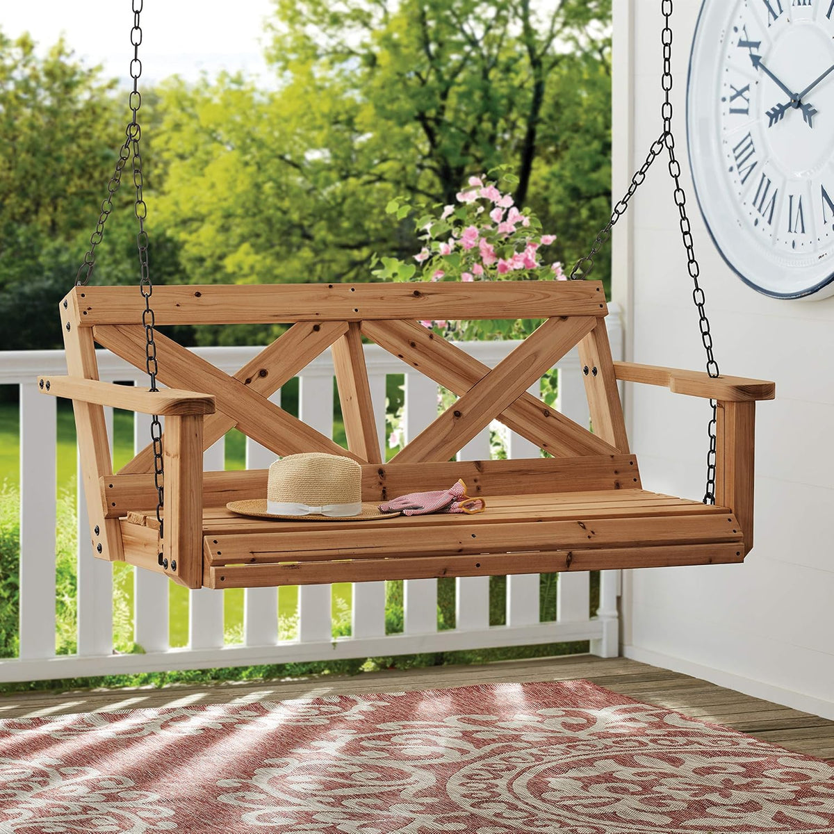 Backyard Discovery Cedar Wood Farmhouse Outdoor Porch Swing Bench, 55in, Light Brown, 600 Lbs Capacity