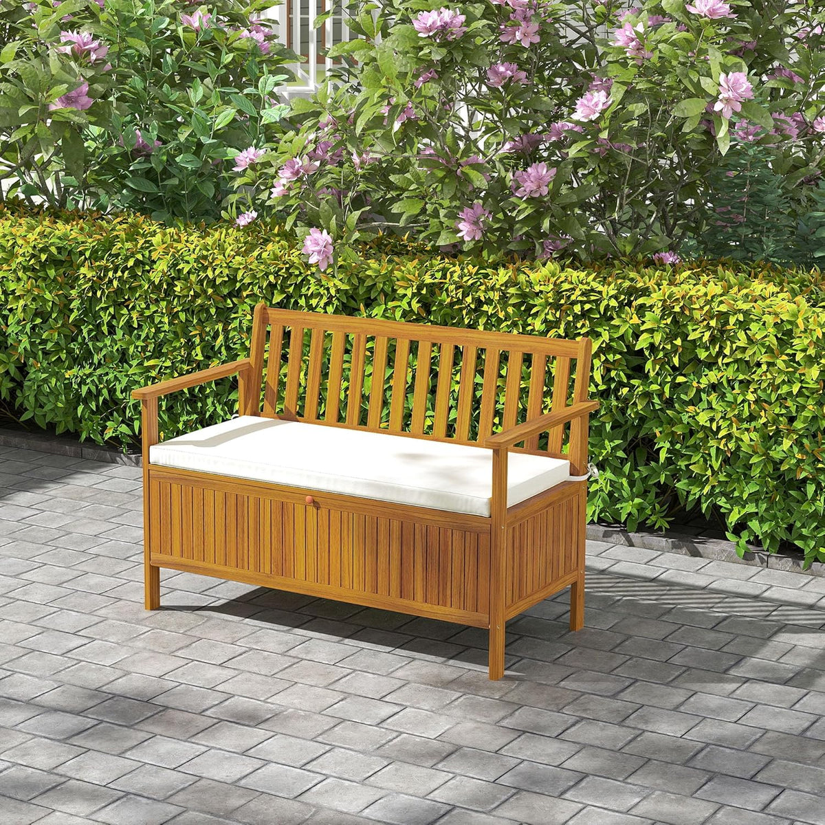 Outdoor Storage Bench, 28-Gallon, Teak, With Cushion - 46.9 x 24.6 x 32.7 in