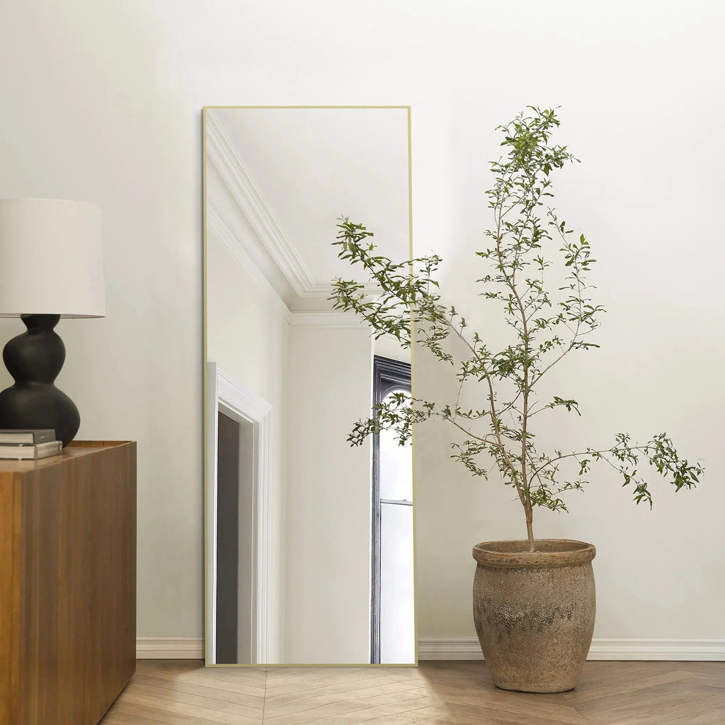 Full-Length Floor Mirror 64x21, Aluminum Alloy Frame With Stand And Wall Mount Option
