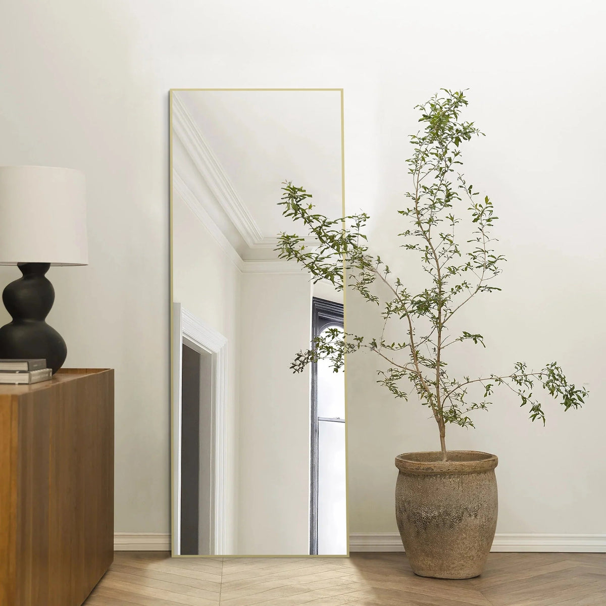 Full-Length Floor Mirror 64x21, Aluminum Alloy Frame With Stand And Wall Mount Option