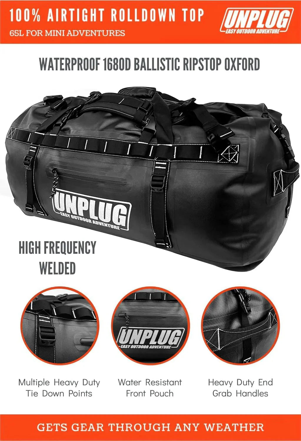 UNPLUG Waterproof Duffel Backpack, 65L, Adventure Orange - 100000