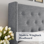 Queen Size Lift-Up Storage Bed With Wingback Headboard, Upholstered Platform Bed Frame With Hidden Storage