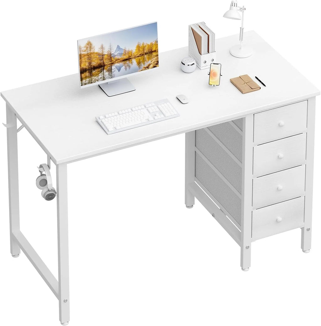40 Inch Small White Computer Writing Desk With Fabric Drawers