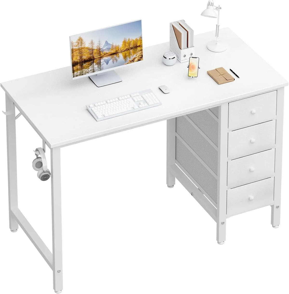 40 Inch Small White Computer Writing Desk With Fabric Drawers