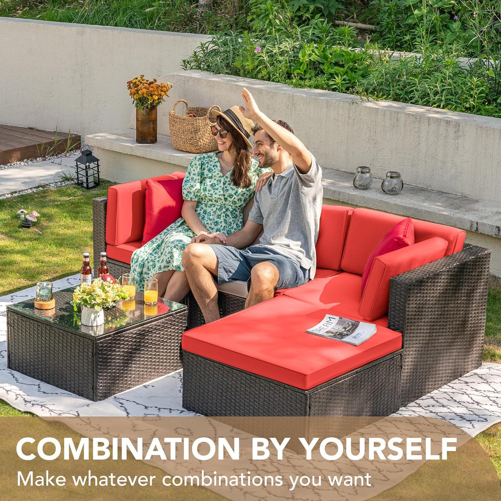 Devoko 5-Piece Outdoor Sectional Patio Sofa Set With Cushions And Glass Table - Beige