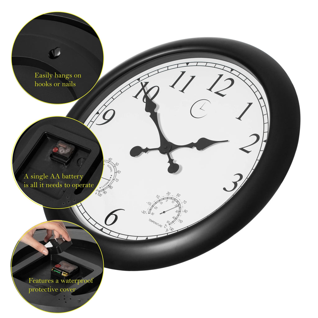 Outdoor Wall Clock With Thermometer And Hygrometer, 24-Inch, Black
