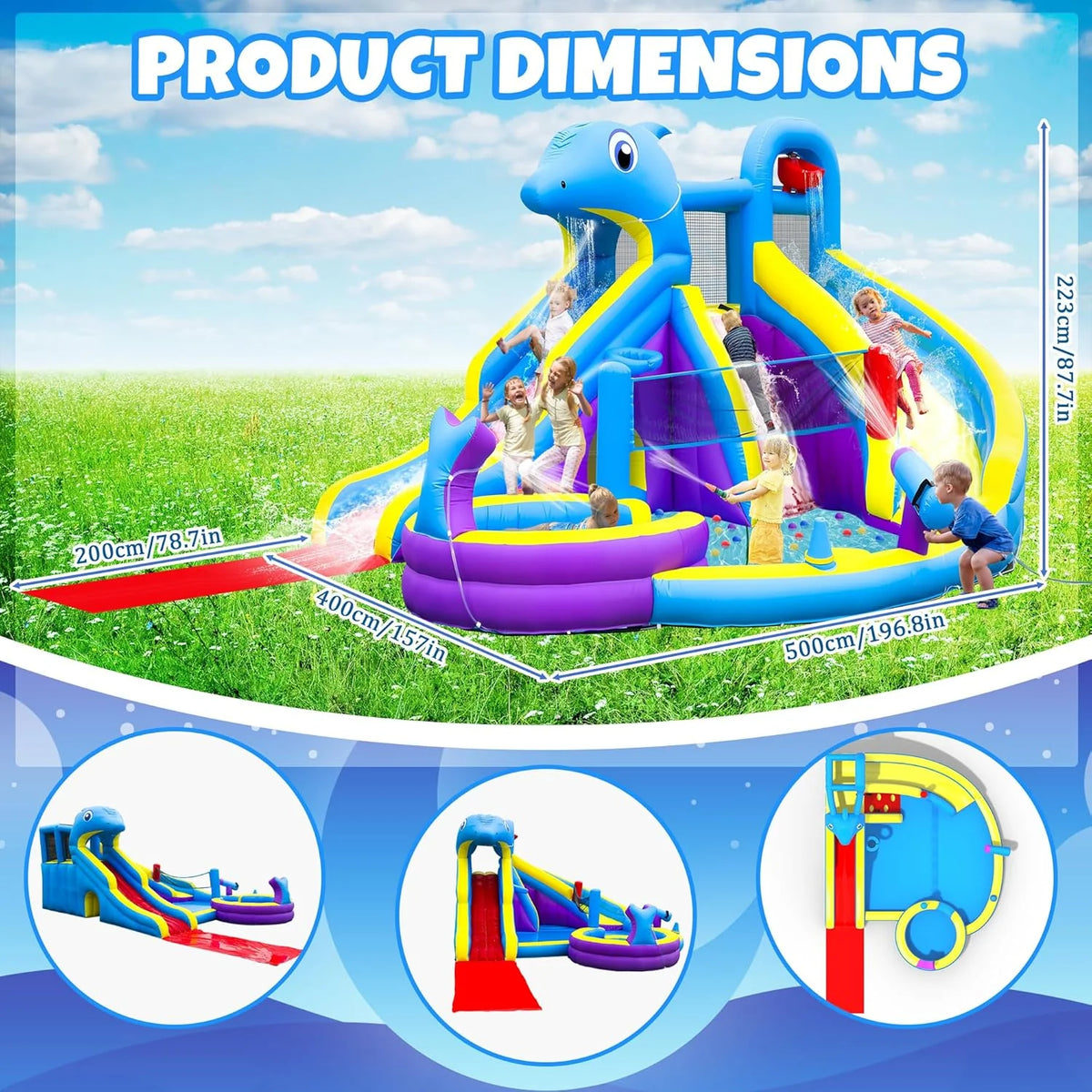 Dolphin Inflatable Water Slide Bounce House, 11-in-1, 2 Long Slides, 19.7 Ft x 13.1 Ft - 550W Blower