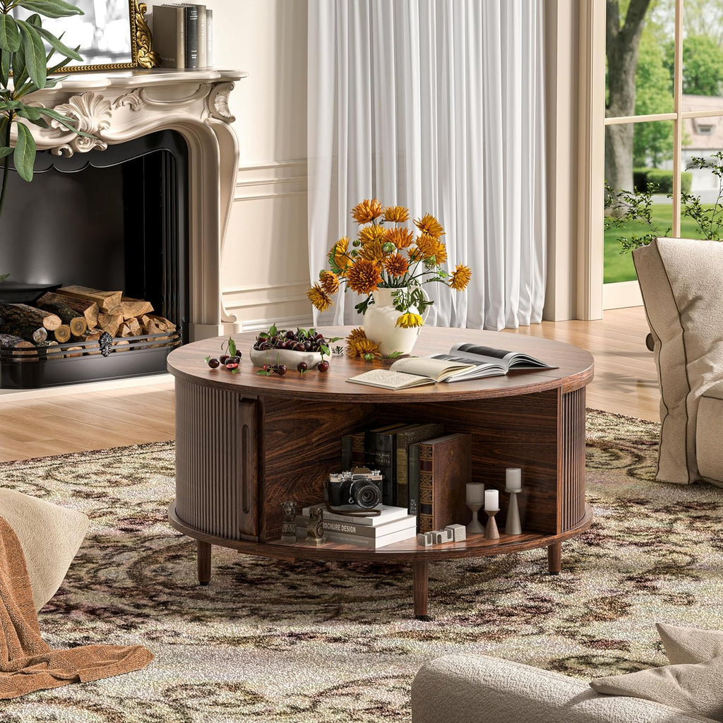 Round Lift-Top Coffee Table With Storage, 31.5 inch, Sliding Door And Adjustable Footpads