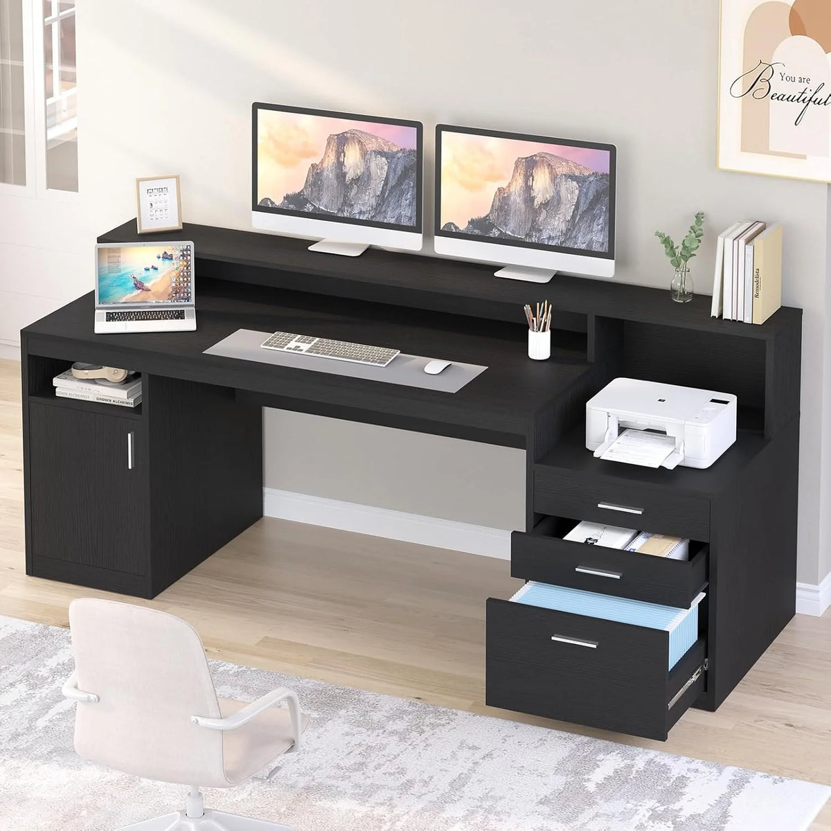 Computer Desk With 3 Drawers, Storage Shelves And Monitor Stand - 21.7in D x 65in W x 35.4in H