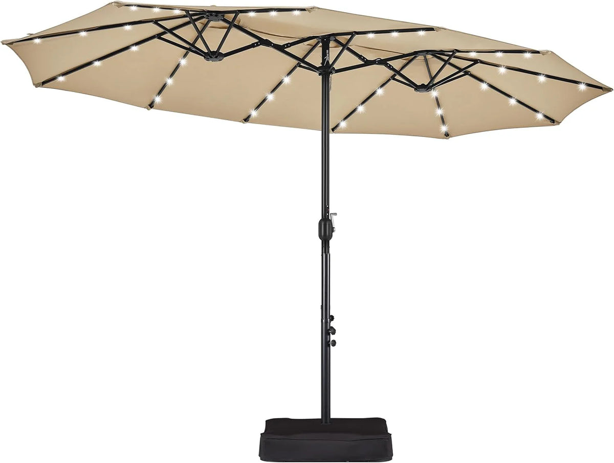 15 ft Double-Sided Rectangular Patio Umbrella With 36 LED Lights And Base - Brown