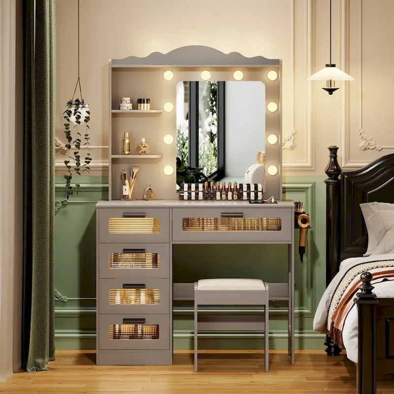 Makeup Vanity With 3 Lighting Colors, 2 Shelves And 5 Drawers - 57.2 H x 37.4 W x 15.7 D
