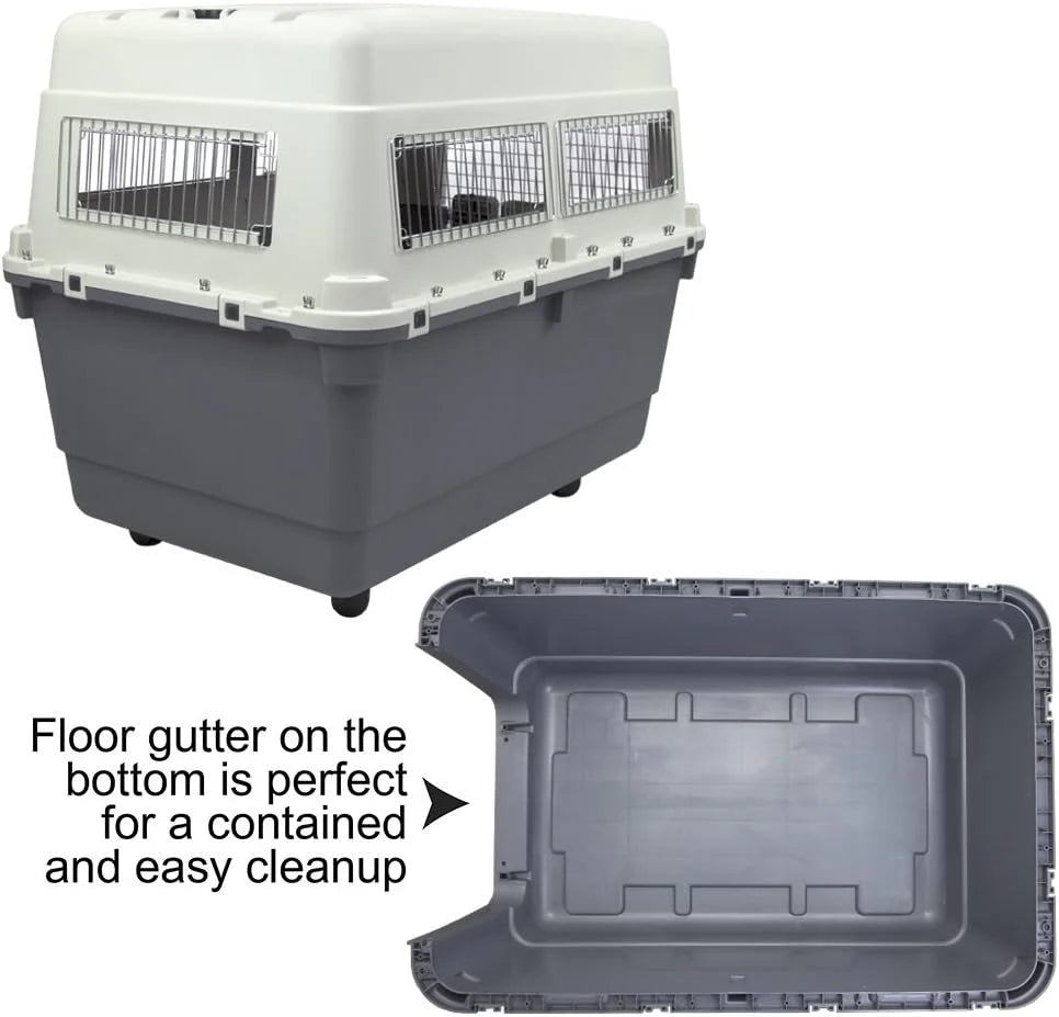 SportPet Designs Plastic Airline Approved Rolling Dog Kennel With Wire Door, XXX-Large, Gray, 48in L x 32in W x 36in H