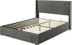 Queen Size Lift-Up Storage Bed With Wingback Headboard, Upholstered Platform Bed Frame With Hidden Storage