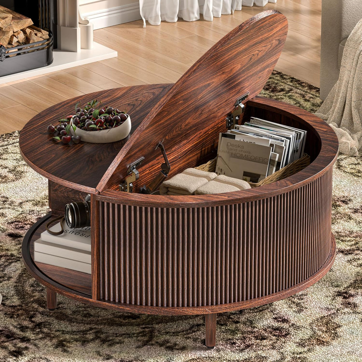 Round Lift-Top Coffee Table With Storage, 31.5 inch, Sliding Door And Adjustable Footpads