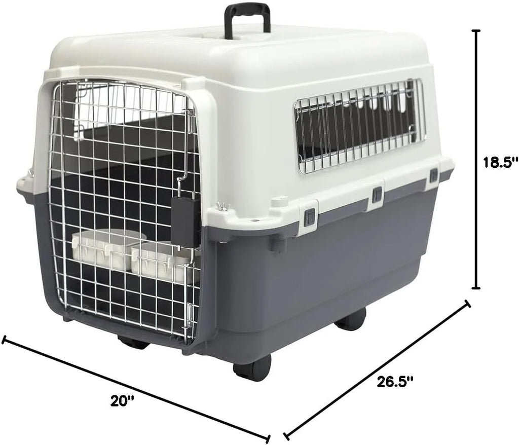 SportPet Designs Plastic Airline Approved Rolling Dog Kennel With Wire Door, XXX-Large, Gray, 48in L x 32in W x 36in H