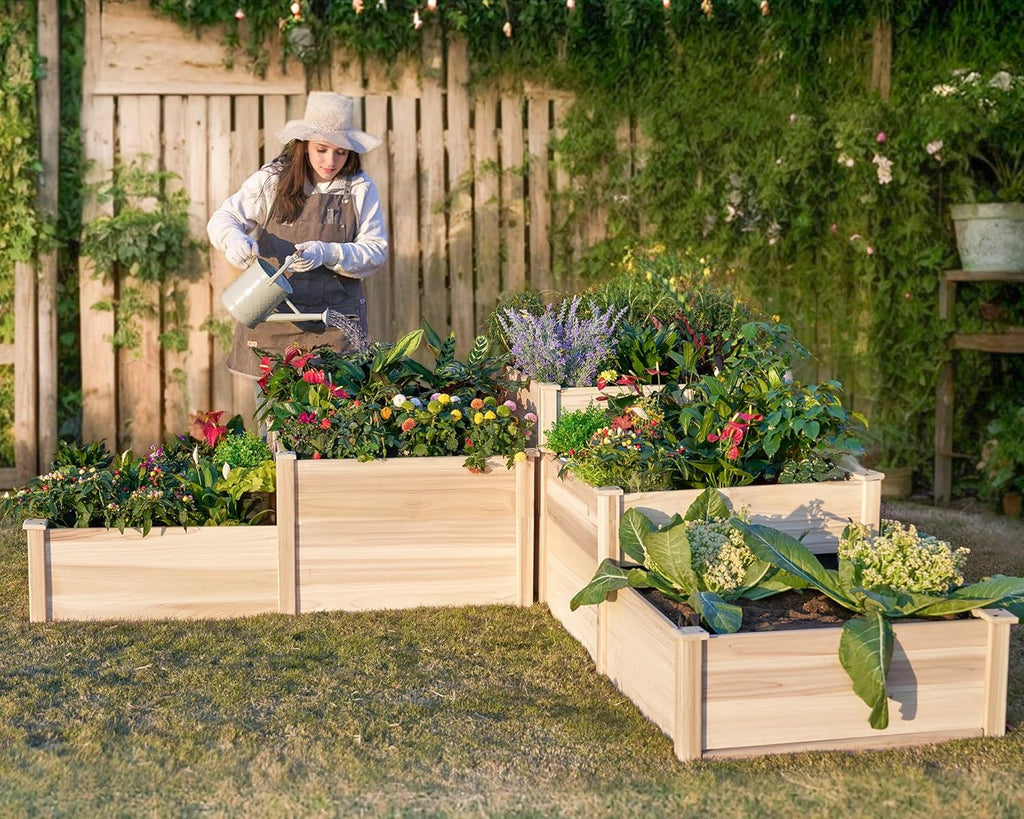 3-Tier Wood Raised Garden Bed, 28 Inch Depth - Cedar Posts