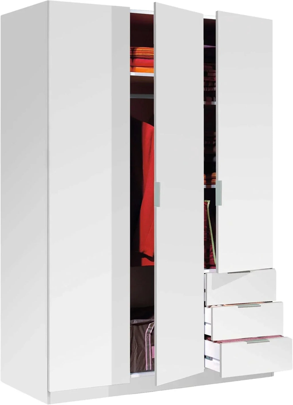 Habitdesign Three-Door Three-Drawer Wardrobe Closet, Artic White, 121 cm W x 180 cm H x 52 cm D