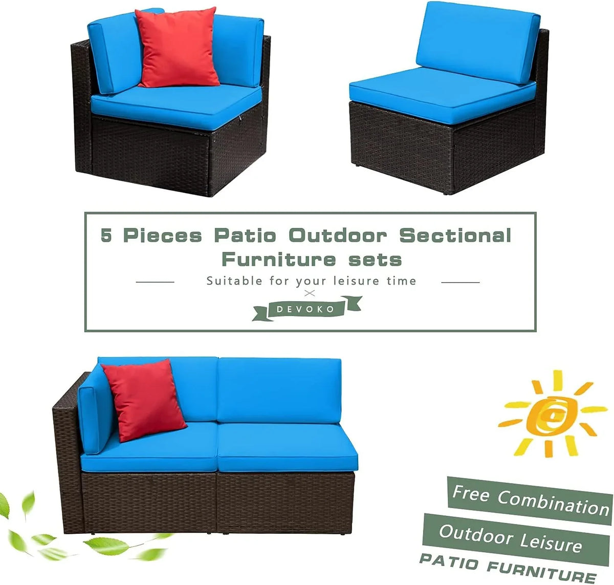 Devoko 5-Piece Outdoor Sectional Patio Sofa Set With Cushions And Glass Table - Beige