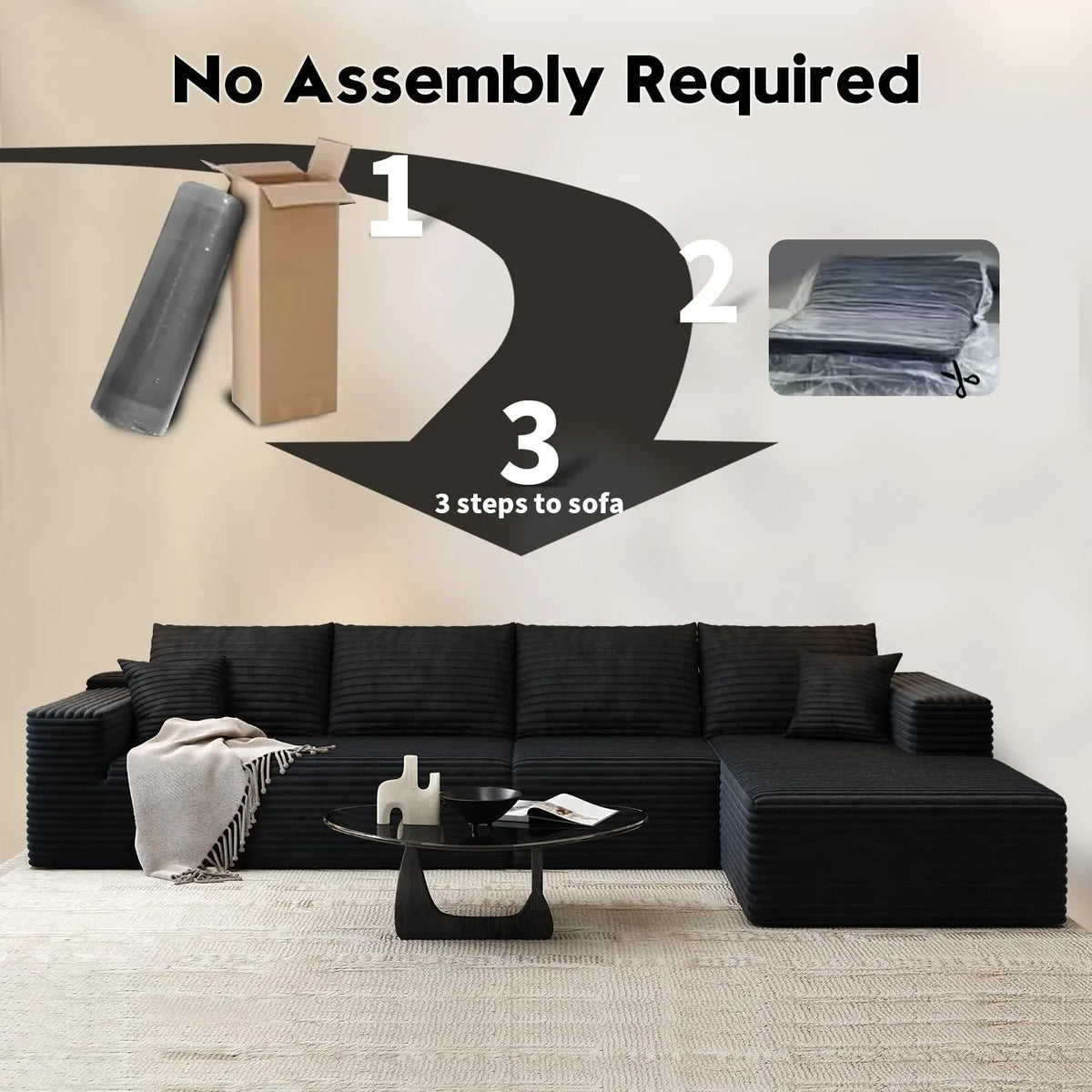 Settab Modular Sectional Sofa, 2 Seater Left-Facing Chaise, Black, 68.9 inch D x 107.5 inch W x 36.3 inch H