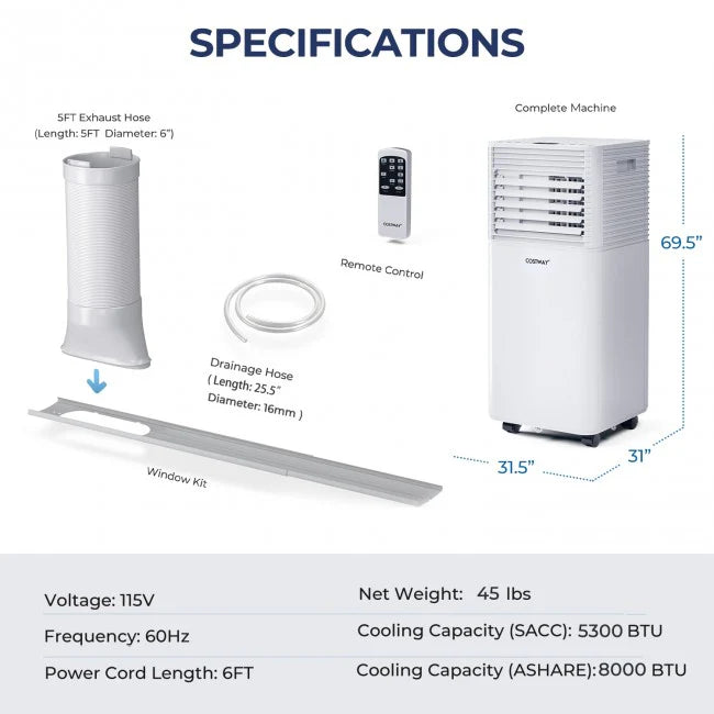 8000 BTU 3-in-1 Portable Air Conditioner With Dehumidifier And Fan Mode