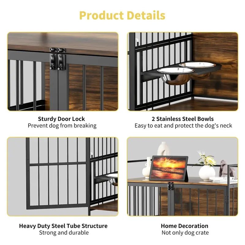 ROOMTEC Large Dog Crate Furniture With Adjustable Bowls, Steel Frame, 48in x 30.3in x 43in