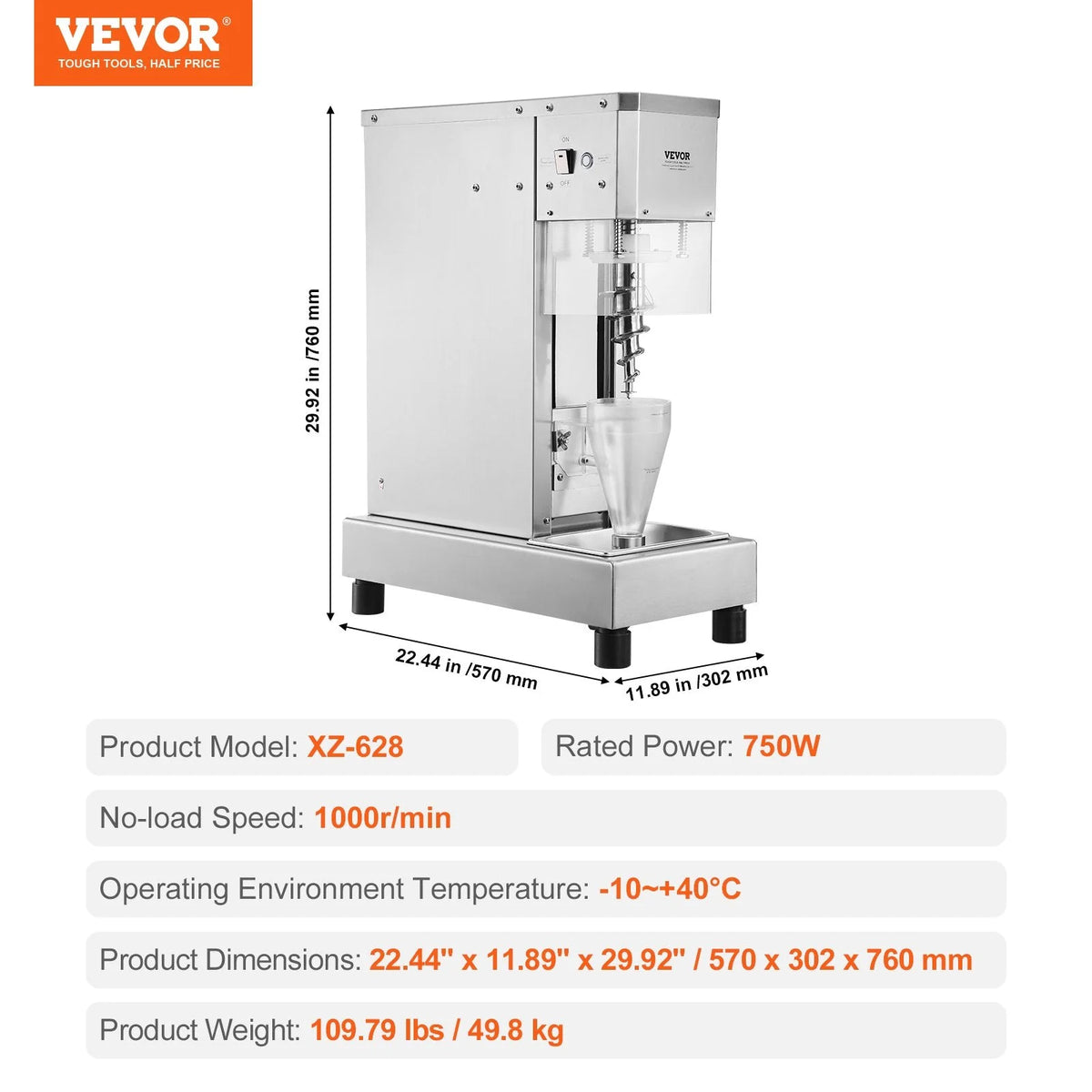 Vevor Ice Cream Blender 750W 1740 RPM 304 Stainless Steel