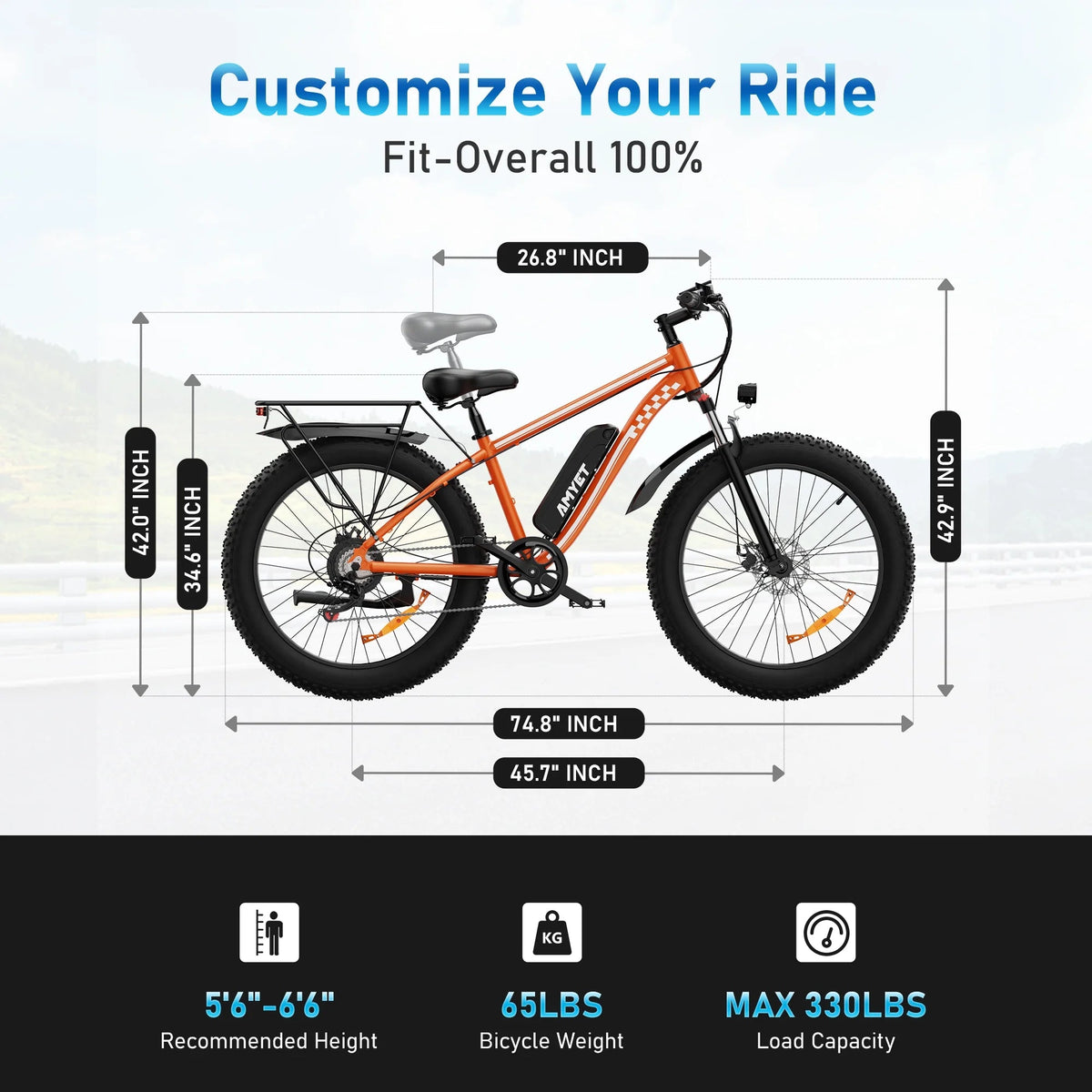 AMYET 26 x 4 Fat Tire Electric Mountain Bike, 48V 15Ah, 7-Speed - EB26