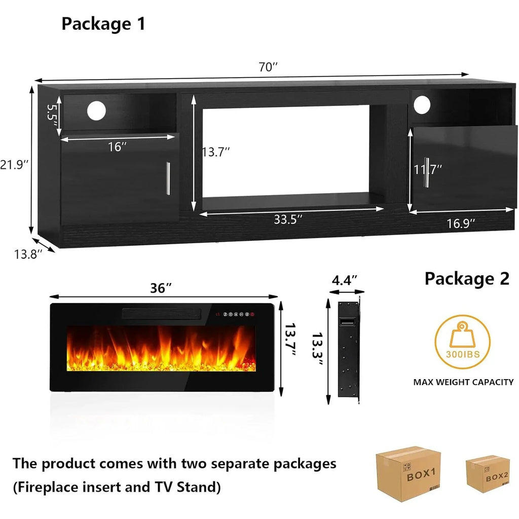 Bossin 70 Fireplace TV Stand With 36 Electric Fireplace For TVs Up To 80 - 16-Color LED Lights