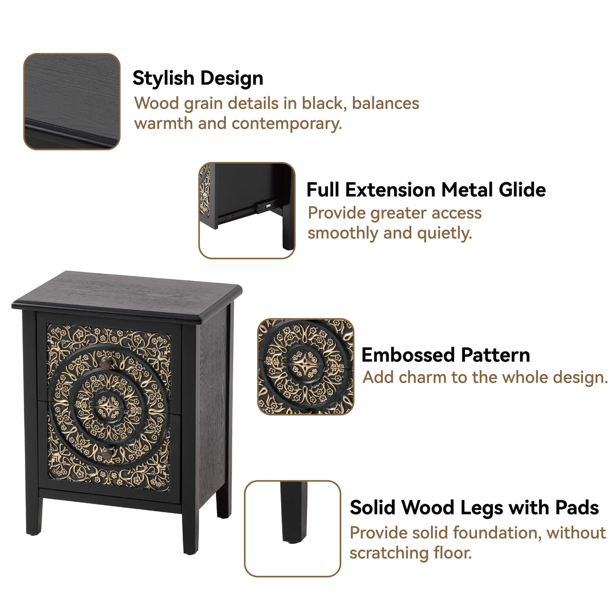 Farmhouse Fully Assembled Nightstand With 2 Drawers