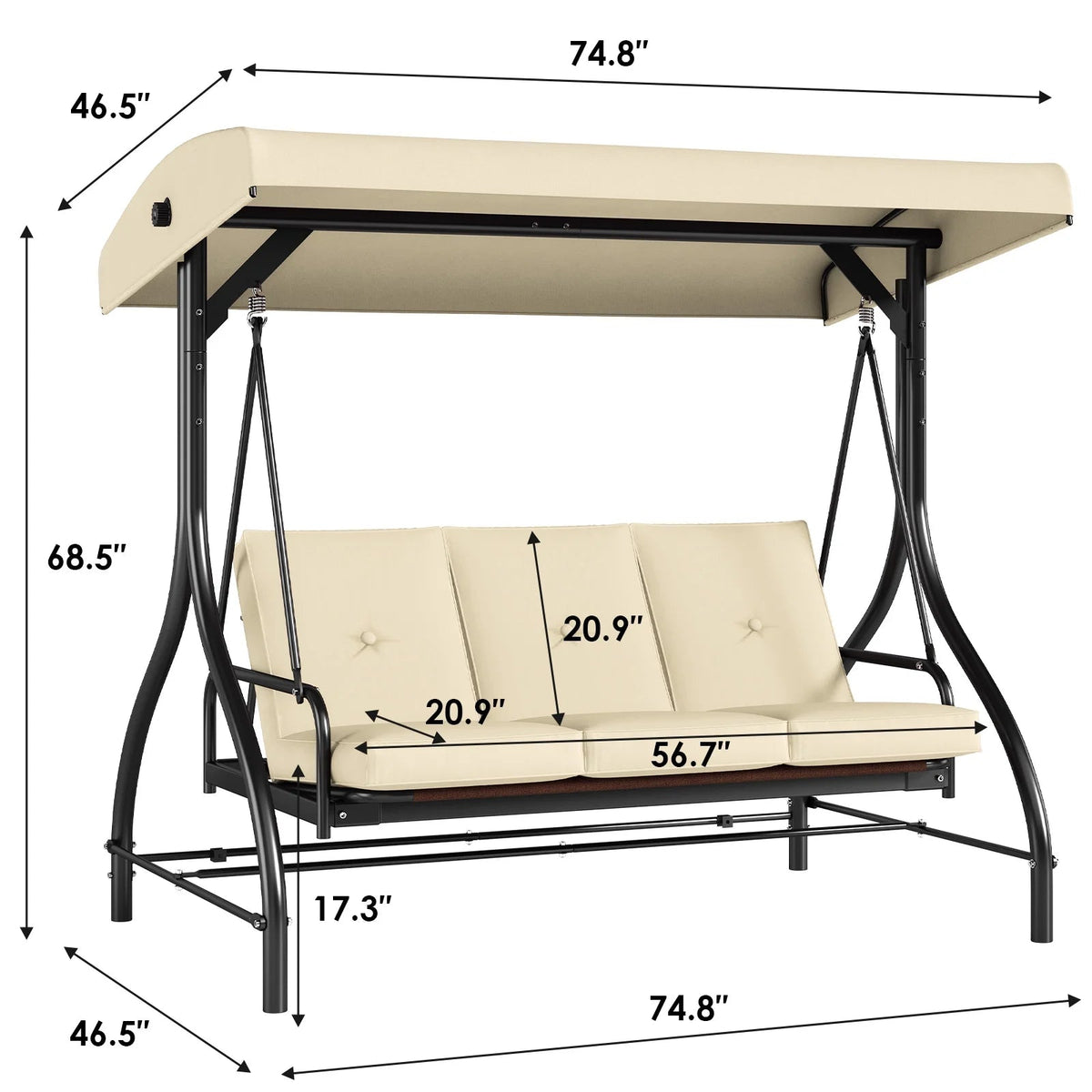 Arlopu 3-Person Outdoor Convertible Porch Swing Glider With Canopy