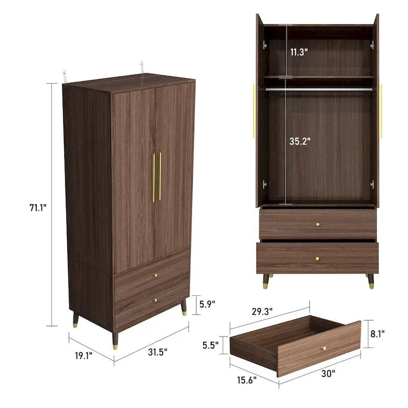 2-Door Wardrobe Closet Armoire With 2 Drawers And Clothes Rail - 70.9H x 31.5W x 19.1D