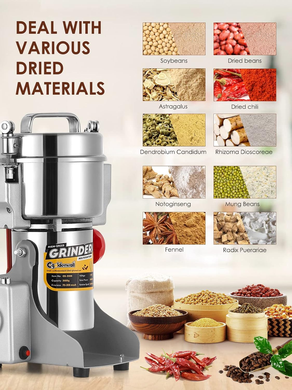 Electric Grain Grinder 3600 Watts 2500g Swing Type Stainless Steel 110V