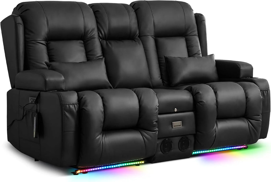 TUNYI Power Loveseat Recliner Sofa With Massage, Heat, Console, USB, Outlet, LED Light, Speakers And Storage - Brown