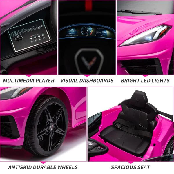 12V Kids' Ride-On Car With Remote Control, LED Lights, Music, And Rose Red Color - Licensed Corvette