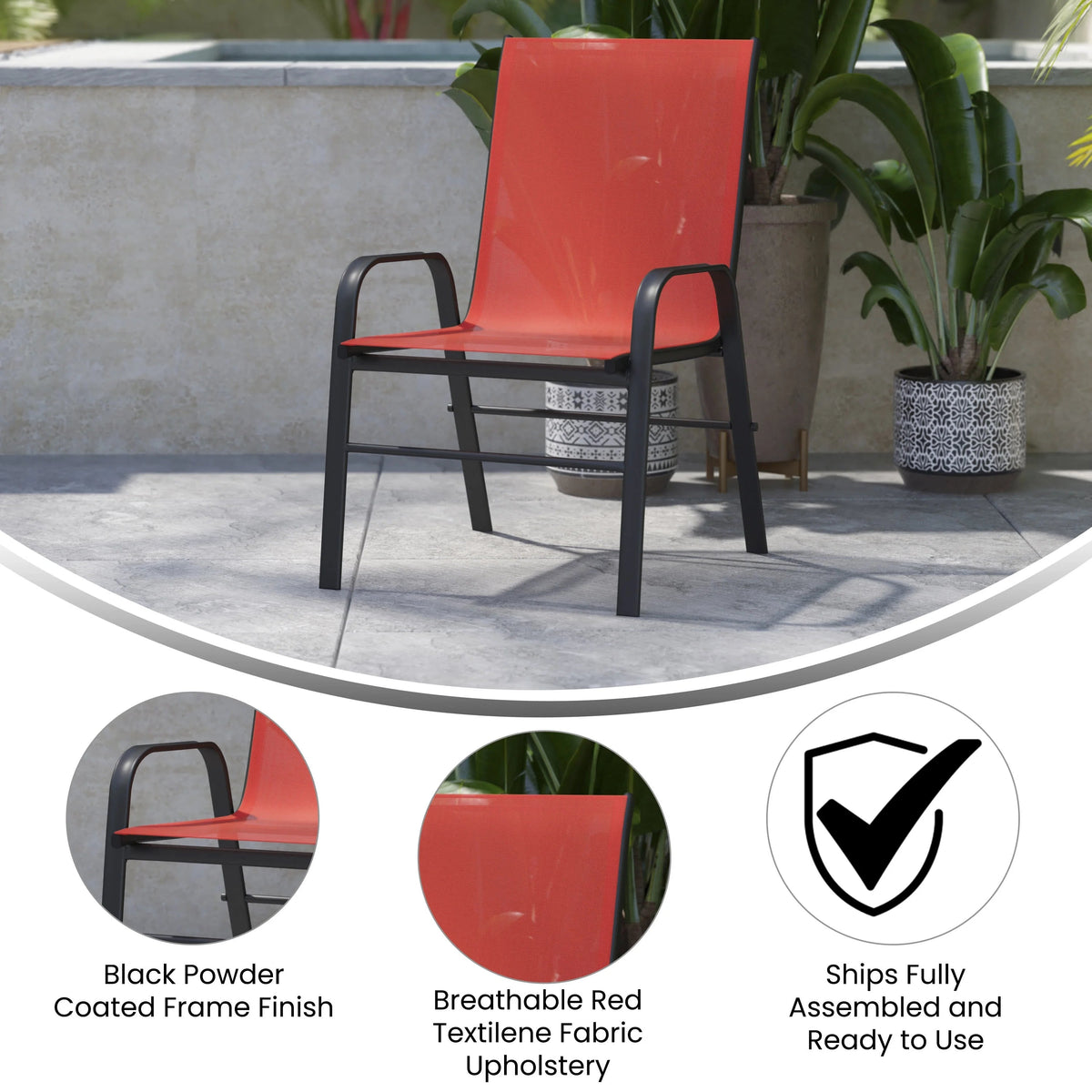 Emma + Oliver Outdoor Stack Chairs, Gray, 4 Pack, 21.25in W x 29in D x 36in H